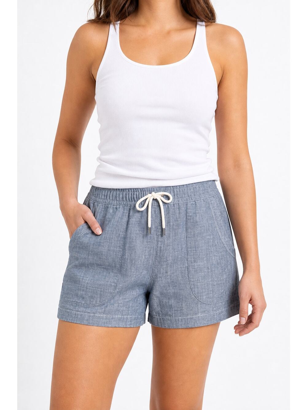 Athleta Cabo 100% Linen 4 Inch Shorts Chambray Blue Tie Elastic Waist Size 16
